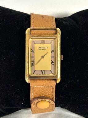 CARAVELLE by Bulova Ladies Tank Wrist Watch Leather Band Sz 7 Works New Battery